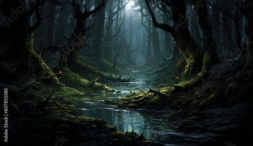 Mystical moonlit forest with eerie swamp  illustrated painting 