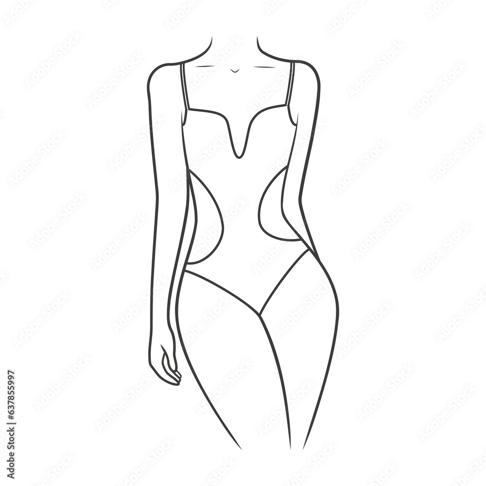 Swimwear on a woman's body. Outline monokini swimsuit. Illustration on transparent background Swimwear on a woman's body. Outline monokini swimsuit. Illustration on transparent background