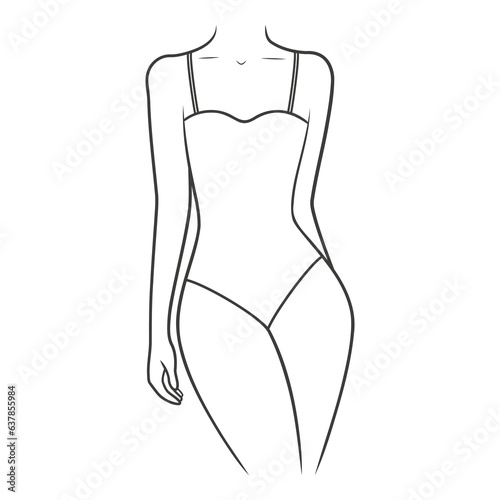 Swimwear on a woman s body. Outline classic one-piece swimsuit. Illustration on transparent background