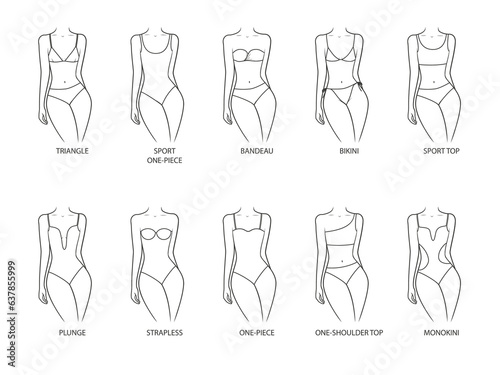 Collection of swimwears on a woman s body. Outline swimsuits. Illustration on transparent background