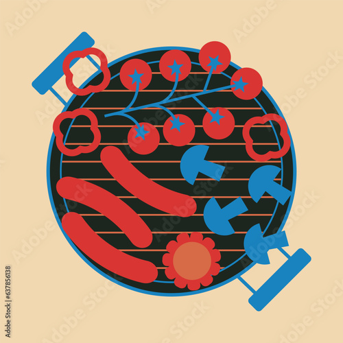Grill barbecue illustration. Barbecue grill top view with sausages, mushrooms and tomatoes. BBQ picnic party concept. Simple, geometric, modern style. BBQ background for cover, poster, animation.