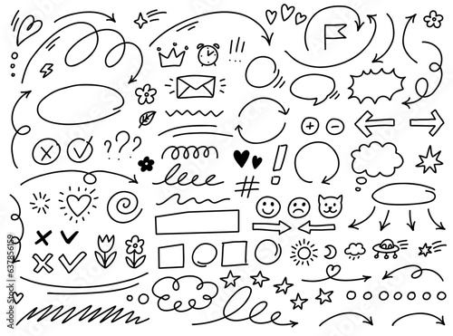 Vector hand drawn desing elements set. Thin arrows and simple line drawings collection isolated on white background.