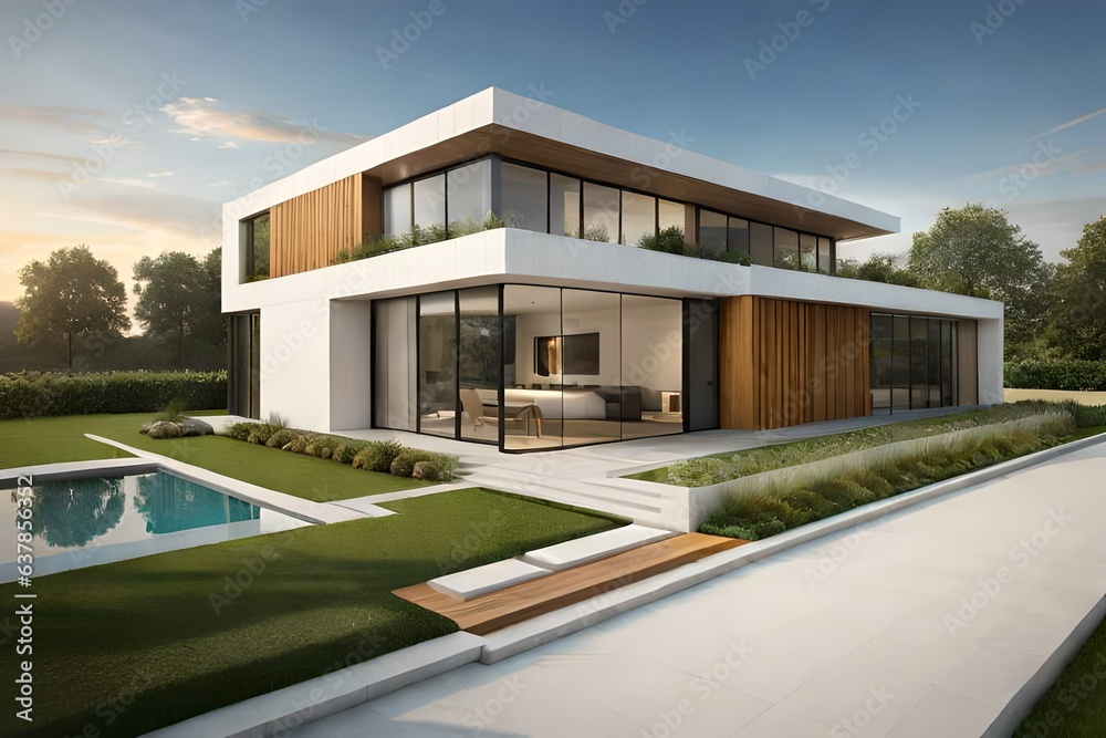Fototapeta premium modern house with pool generated by AI