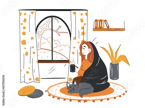 Women resting relaxing at home. Window with autumn leaves. Resting at home. Flat Vector Illustration