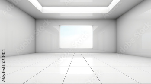 3d rendering of white empty space in room  Ceramic tile floor in perspective  window and ceiling strip light.