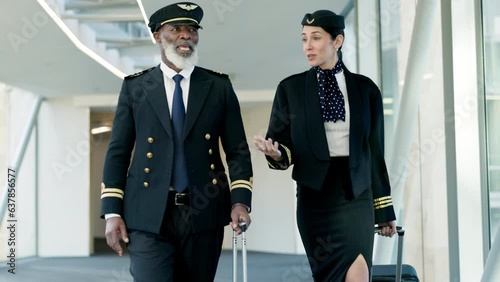 Airport, talking and pilot walking with an air hostess for communication while boarding a flight. Discussion, hospitality and African man airplane captain speaking to woman flight attendant in hotel.