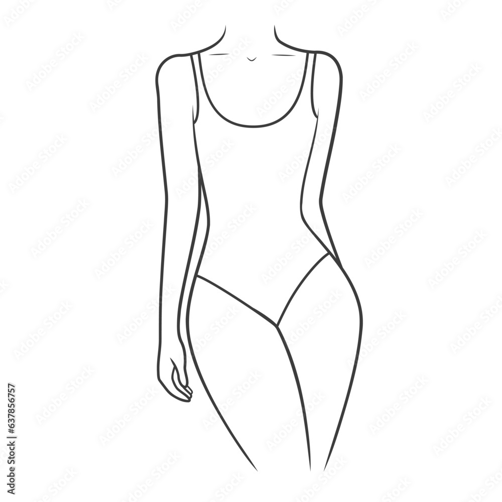 Swimwear on a woman's body. Outline sport one-piece swimsuit. Vector illustration isolated on white background Swimwear on a woman's body. Outline sport one-piece swimsuit. Vector illustration isolated on white background