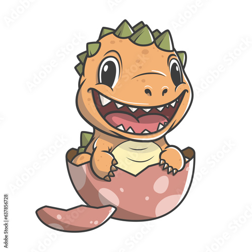 Little cute happy dino in egg. Kid dinosaur. Vector illustration isolated on a white background