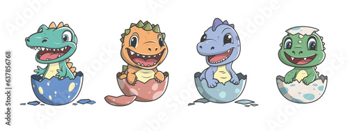 Collection of little cute happy dinos in eggs. Kid dinosaurs. Vector illustration isolated on a white background