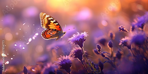 Enchanted summer. Symphony of flowers and butterflies. Butterfly ballet. Vibrant flora and delicate wings. Nature palette. Burst of color in summer garden © Bussakon
