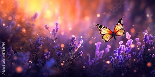 Enchanted summer. Symphony of flowers and butterflies. Butterfly ballet. Vibrant flora and delicate wings. Nature palette. Burst of color in summer garden