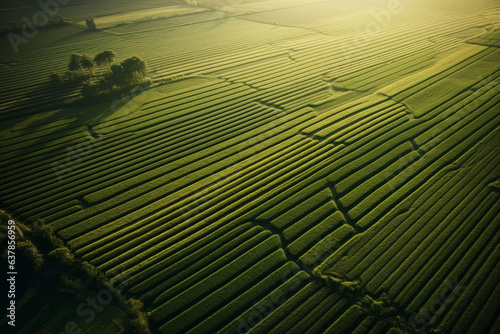 aerial view agriculture sustainability, sunset, beautiful field.