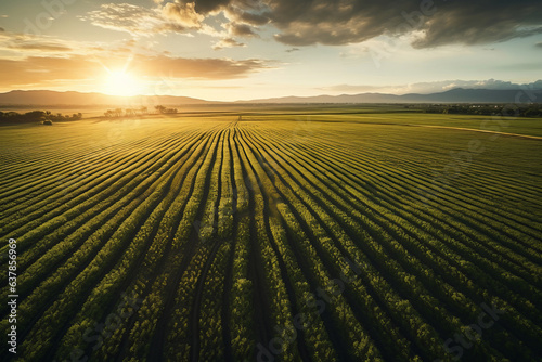 aerial view agriculture sustainability, sunset, beautiful field.