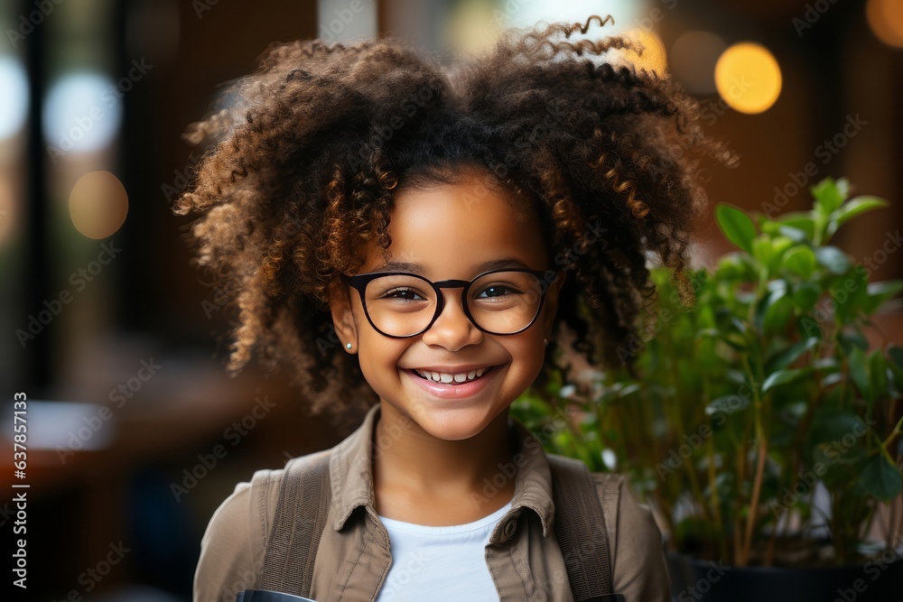 funny smiling Black child school girl with glasses hold books, living room background.