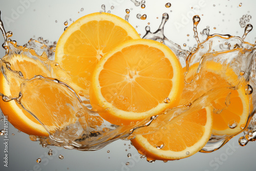 close up of sliced orange juice splash in air..