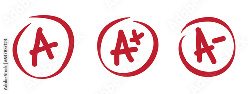 Grade A results. Hand drawn vector set of grades with minuses and pluses in circle frame. Red notes: A, A plus, and A minus, School red mark handwriting in circle, Grade results set. 