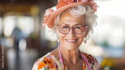 closeup on smiling senior woman dressed in flowered dress.