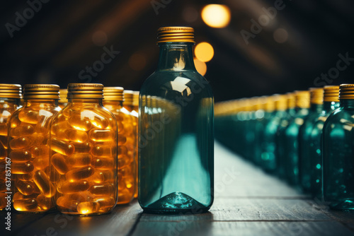 glass bottle with empty pill capsules in the background  in the style of dark teal and gold.