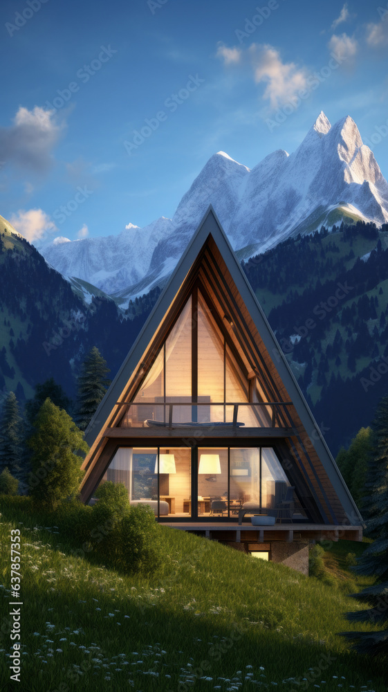 modern style architecture of chic minimalist tiny wooden house at Italian Alps.