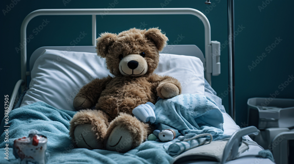 Teddy bear sick in the hospital - obrazy, fototapety, plakaty 