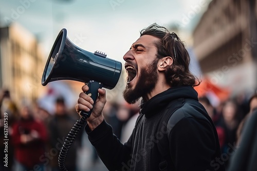 portrait of a man shouts into a megaphone during a protest.