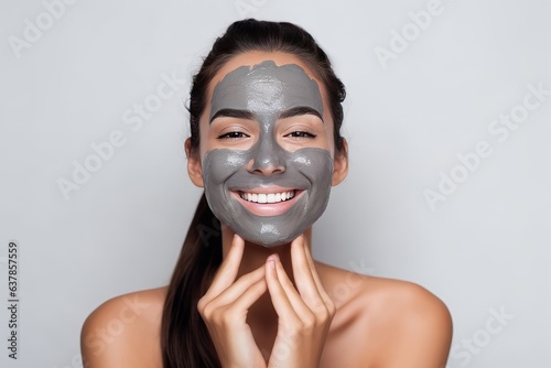 portrait of a smiling happy young beautiful woman smiling while pampering his skin with a face mask on white background.