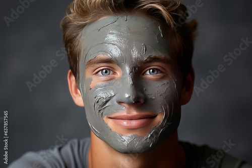 portrait of a smiling happy young man smiling while pampering his skin with a face mask on white background.