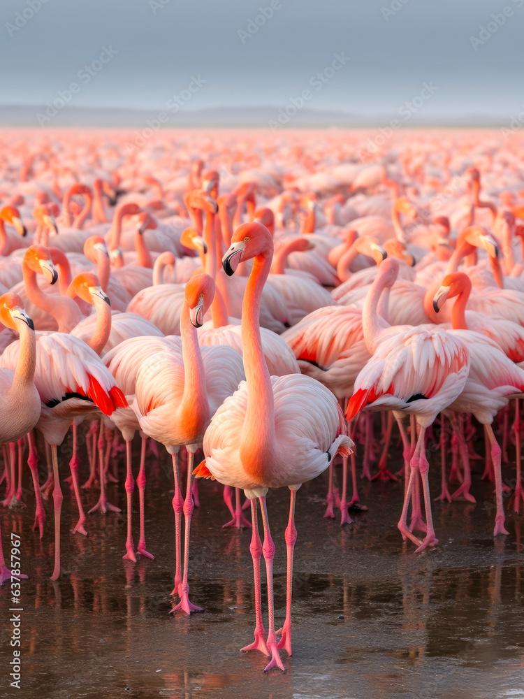 Obraz premium A flock of pink flamingos on the coast