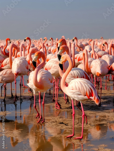 A flock of pink flamingos on the coast © Artemiy
