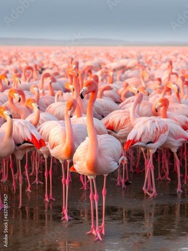 A flock of pink flamingos on the coast © Artemiy