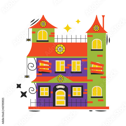 Halloween cartoon elements. Old scary house with spiders.