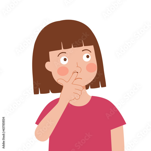 Girl child pick her nose character in flat design on white background.