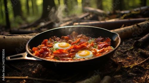 Camping breakfast with bacon and eggs in a cast iron skillet. Fried eggs with bacon in a pan in the forest.