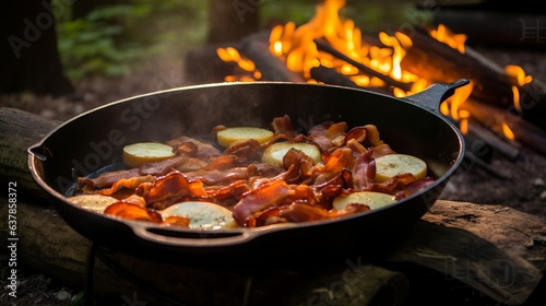 Camping breakfast with bacon and eggs in a cast iron skillet. Fried eggs with bacon in a pan in the forest.