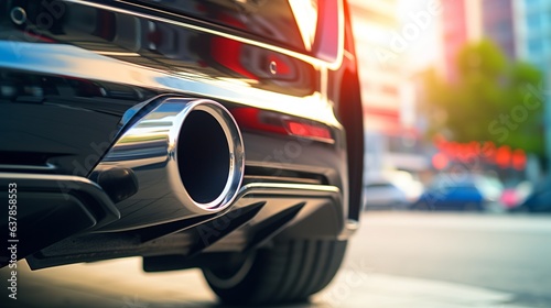 Close up of stainless steel exhaust tip muffler pipe of sports car, bokeh car showroom on background. Dual exhaust at the back of black car with rear defuser © Suleyman