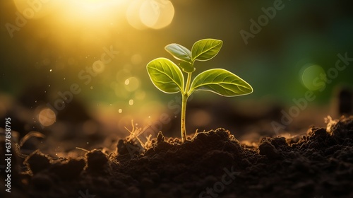 The seedling are growing from the rich soil to the morning sunlight that is shining, ecology concept