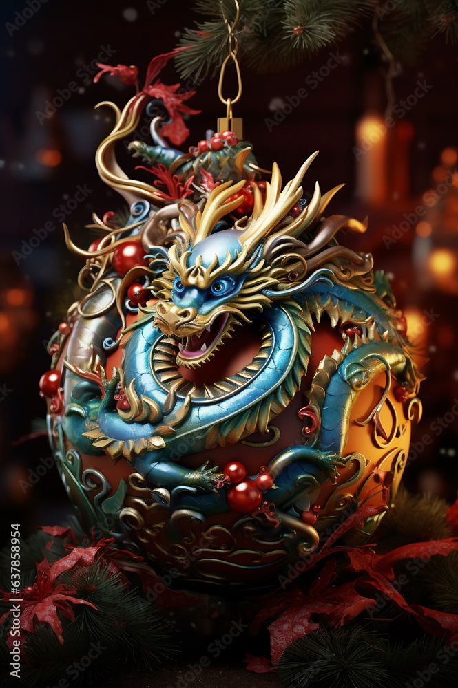 Christmas boll tree decoration with dragon. The symbol of New Year 2024 is the dragon.