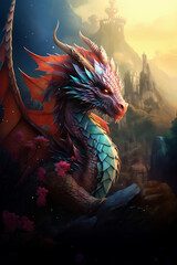 The symbol of 2024 is the dragon. Colourful New Year dragon AI Generative