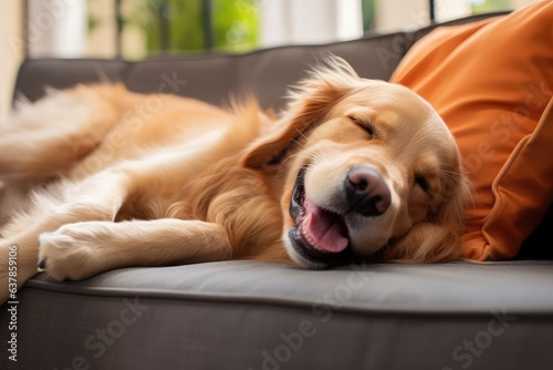 happy golden retriever dog is lying on a cozy sofa photo