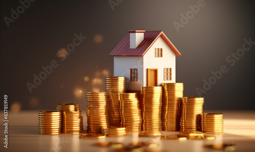 maison au dessus d'une pile de pièces de monnaie, augmentation des taux d'emprunt
