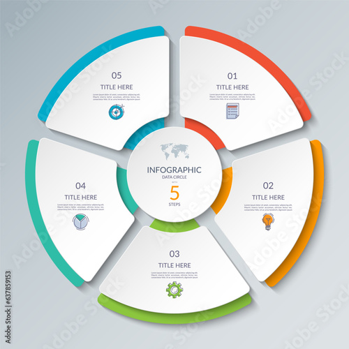 Vector infographic circle. Cycle diagram with 5 steps. Round chart that can be used for report, business analytics, data visualization and presentation.
