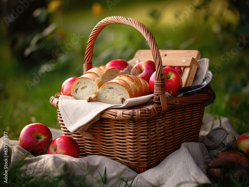 Picnic basket with apples and bread outdoors