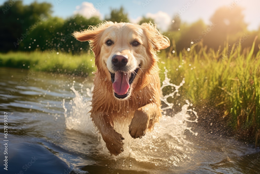 happy golden retriever dog running through splasing water
