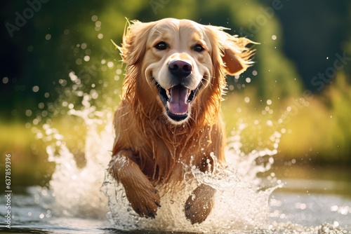 happy golden retriever dog running through splasing water © Celina