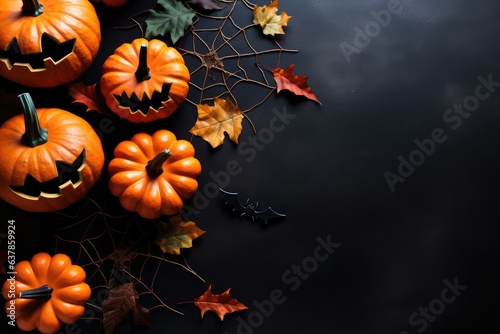 Happy halloween flat lay mockup with pumpkins and spider