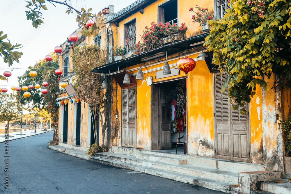 street view of hoi an old town, vietnam - obrazy, fototapety, plakaty 