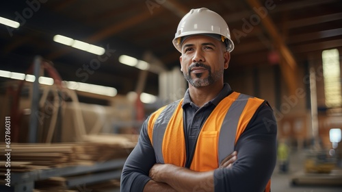 construction site manager standing with folded arms wearing safety vest and helmet, thinking at construction site. Portrait of mixed race manual worker or architect with satisfaction. photo