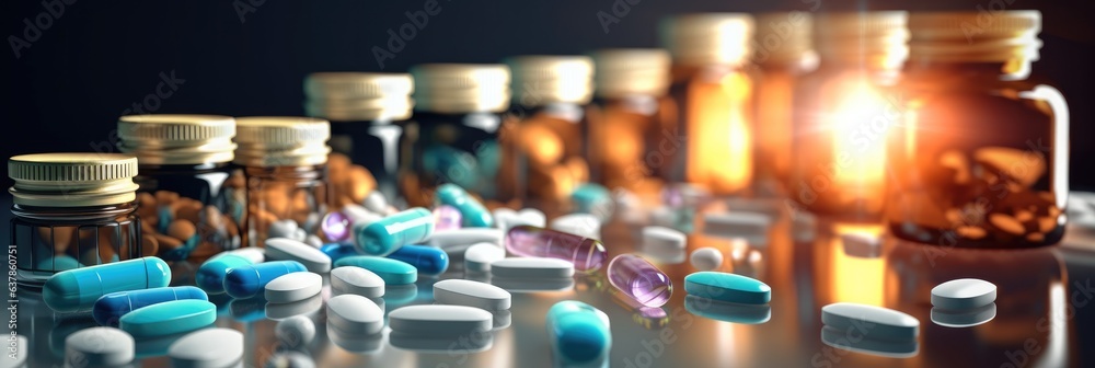 Bottles for pharmaceutical and healthcare medication and drug research labs, Medical concept. - obrazy, fototapety, plakaty 