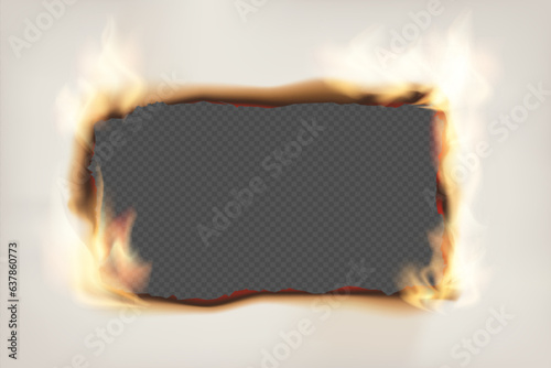 Paper with burnt hole and fire center. Vector Mockup isolated on transparent background.