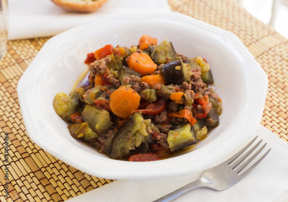 Stewed eggplant, minced meat, carrots, peppers, onions, squid. a dish of vegetable stew Stewed eggplant, minced meat, carrots, peppers, onions, squid. a dish of vegetable stew